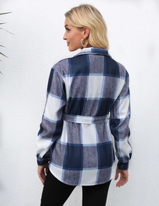 Detailed blue and white plaid long-sleeve shirt jacket with matching waist belt for women