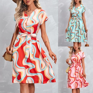 Women Elegant V Neck Short Sleeve Abstract Wave Print Midi Dress With Belt Single Breasted A-Line Summer Vacation Party Dress