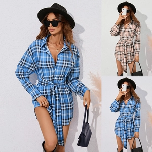 Vestido Camisero de Manga Larga a Cuadros para Mujer Con Cinturón Vestido Corto con Solapa de un Solo Pecho Moda Callejera Informal