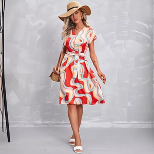 Elegant summer V-neck short sleeve A-line dress with vibrant abstract print and waist tie