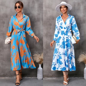 Robe Midi à Manches Longues pour Femmes Imprimé Floral Col en V Revers Taille Ceinturée Ourlet Plissé Fente Latérale Décontracté Mode Vacances