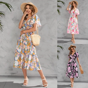 Women Summer Floral Print V Neck Midi Dress Flutter Sleeve High Waist Lace Up Tiered Layered Cake Skirt Casual Beach Vacation Dress