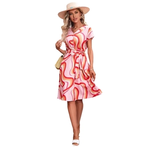 Elegant pink V-neck short sleeve A-line dress with abstract swirl print and belt