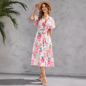 Floral print V-neck midi dress with short ruffle sleeves and high waist drawstring tie