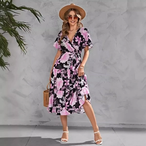 Summer V-neck wrap dress with pink floral print, ruffled sleeves and tiered skirt