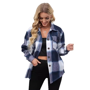 Women's long sleeve blue plaid shacket with buttons and a casual oversized fit