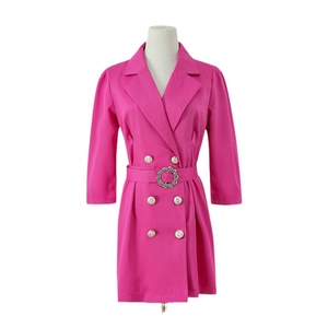 Pink double-breasted blazer dress with three-quarter sleeves and a belted rhinestone buckle