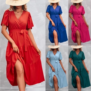 Women's V-Neck Tiered Midi Dress Short Flutter Sleeve Tie Waist Solid Color Vacation Summer Casual Layered Skirt Dress