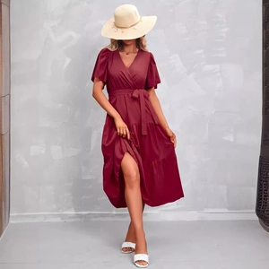 Women's V-neck wine red wrap dress with ruffle sleeves and tiered skirt for summer