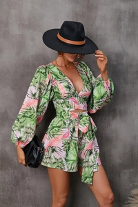 Detail of tropical floral print long sleeve V-neck crop top and belted shorts set