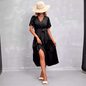 Women's black V-neck short sleeve tiered midi dress with waist tie and ruffle sleeves