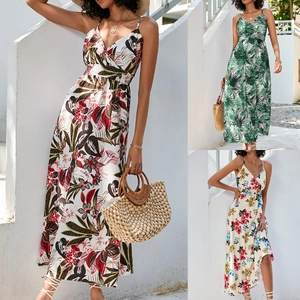 Robe Midi Camisole à Imprimé Tropical pour Femmes Col en V Dos Nu Taille Haute Ligne A Robe de Plage de Vacances