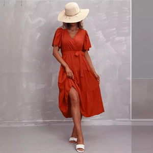 Short sleeve V-neck orange tiered midi dress with waist tie and wrap design for summer