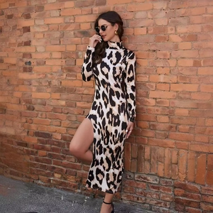 Slim fit leopard print long sleeve maxi dress with sexy side slit and high neck style