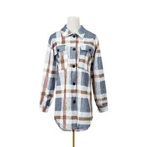 Women's blue plaid button-down shacket with classic lapel and front chest pockets