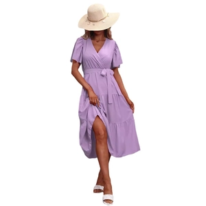 Light purple V-neck summer dress featuring flutter sleeves and a tiered ruffle skirt design