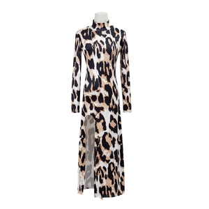 Slim fit long sleeve zebra print dress with high collar and thigh-high side slit