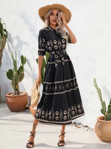 Ethnic print maxi shirt dress with waist tie and half sleeves for summer vacations