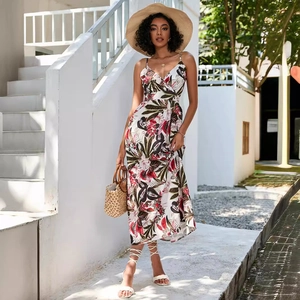 Robe midi d'été à col en V avec imprimé tropical et taille cintrée pour les vacances