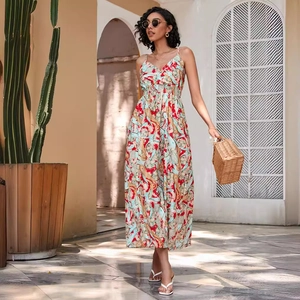 Robe longue bohème à imprimé fleuri avec décolleté en V et taille élastique pour femmes