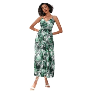 Robe longue imprimée tropicale pour femme avec col en V et taille haute sur fond blanc