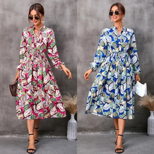 Robe Midi Décontractée pour Femmes Imprimé Feuilles Manches Longues Plissée Col Chemise Taille Haute Cordon de Serrage Élégante Automne