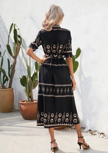 Detail view of the bohemian print and fabric texture on the back of this midi dress