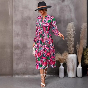 Robe longue femme à manches longues, col en V, imprimé feuilles et ceinture à nouer