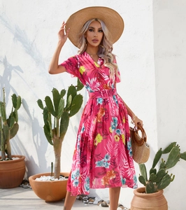 Detailed close-up of rose red V-neck tropical floral print maxi dress with belted waist