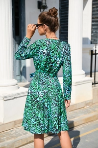 Detail of green and blue leopard print long sleeve dress with waist belt and flared hem