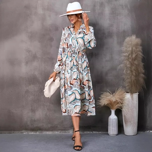 Robe midi femme à col en V, manches longues et imprimé abstrait de feuilles d'automne
