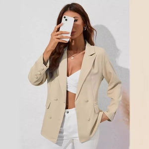 Blazer croisé abricot élégant avec revers à encoche et manches longues pour femmes