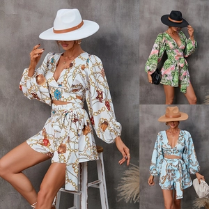 Polyester Women Top And Bottom V Neck Long Sleeve Lantern Sleeve Printed Shirt And Tie Waist Shorts Casual Vacation Style