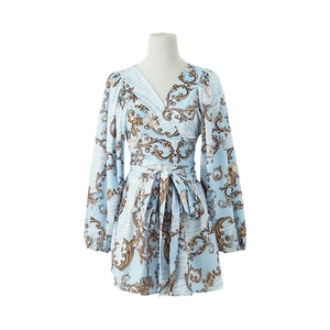 Women's blue baroque floral and zebra print two-piece set with wrap top and shorts
