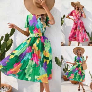 Women Summer Tropical Floral Printed Pleated Midi Dress V Neck Short Sleeve Belted Bohemian Vacation Beach Sun Dress