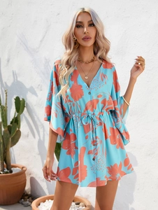 Detail of summer V-neck leaf print dress with drawstring waist and kimono sleeves