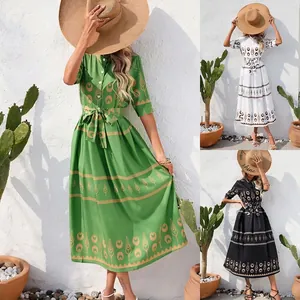 Women Retro Ethnic Print Midi Dress Bohemian Shirt Collar Half Sleeve Belted Waist Casual Summer Vacation Beach Sundress