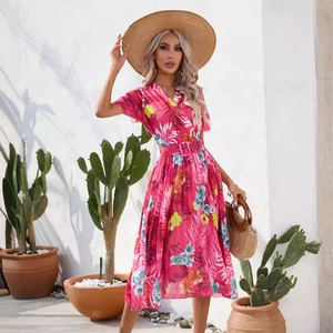 Women's summer V-neck midi dress with pink tropical floral print and matching belt