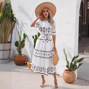 White boho summer maxi dress with ethnic print, 5-sleeve design and belted waistline