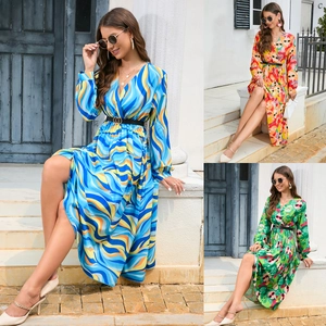 Elegant Women Long Sleeve V Neck Printed Pleated Midi Dress With Belt Abstract Wave Geometric Pattern Casual Party Dress