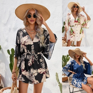 Women Tropical Leaf Print V-Neck Dress Summer Short Sleeve Button Down Drawstring Waist A-Line Vacation Boho Mini Dress