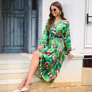 Women's V-neck printed long sleeve maxi dress in vibrant green with a black double-ring belt