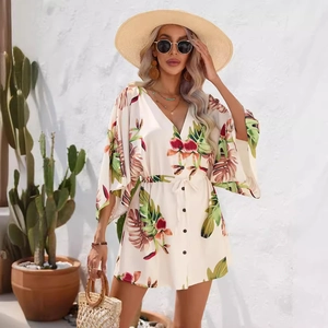 Summer V-neck tropical floral print mini dress with waist drawstring and wide sleeves