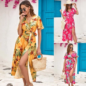 Women's Summer Bohemian Tropical Floral Print V-Neck Wrap Midi Dress High Split Short Sleeve Polyester Vacation Beach Dress