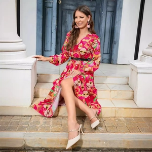 Women's V-neck long sleeve floral maxi dress with waist belt and side slit detail