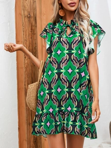 Detail of bohemian summer floral dress with ruffle sleeves and drawstring neckline design
