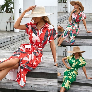 Women Casual Tropical Print Shirt Dress Summer Short Sleeve Button Down Midi Dress With Belt Vacation Boho Dress
