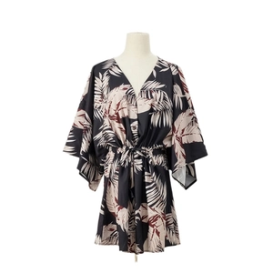 Women's tropical palm leaf print V-neck dress with adjustable drawstring waist and wide sleeves