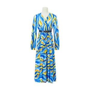 Women's V-neck long sleeve maxi dress with blue and yellow abstract wave print and belt