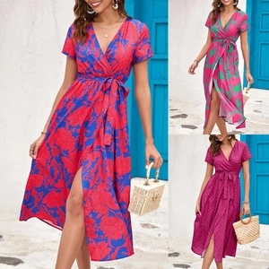 Women's V Neck Short Sleeve Floral Polka Dot Print Maxi Dress Polyester Cotton High Waist Slit Wrap Boho Summer Vacation Party Dress